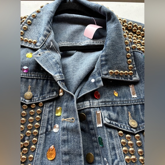 NWT Studded Denim Jacket with Gold and Multicolor Accents. Size M available. - Picture 6 of 9